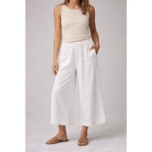 Tribe Alive Cotton Wide Leg Culotte Pants Cream Elastic Waist Cropped Med